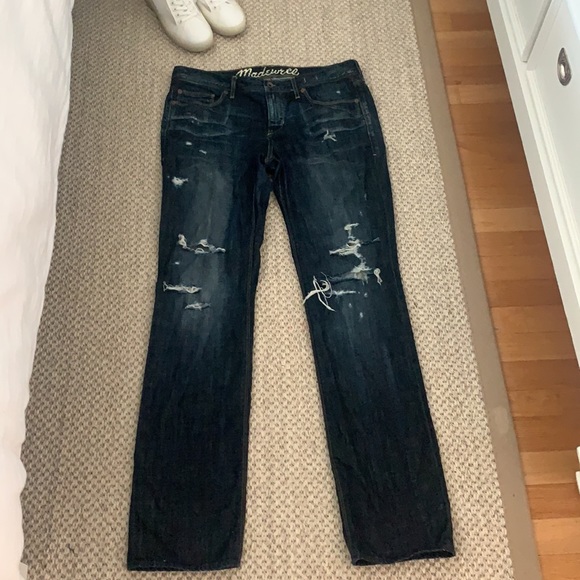 MADEWELL Distressed Rail Straight Denim Jeans Dark Indigo Whiskering 31 - Picture 9 of 10